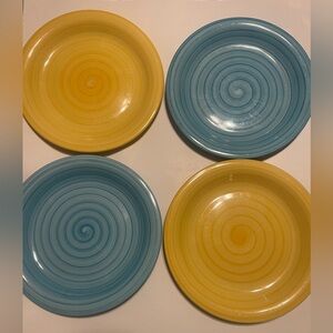 4 Citrus Grove Hand Painted Stoneware Swirl Light Blue And Yellow Dinner Plate
